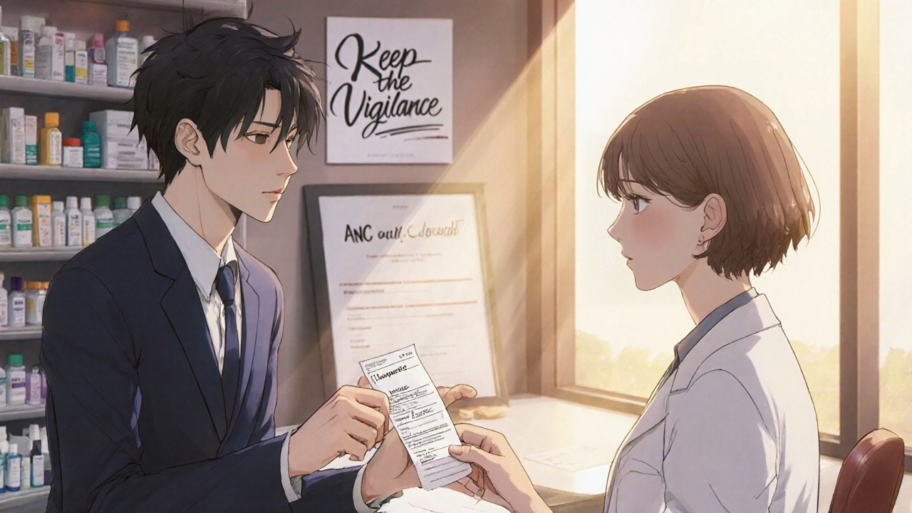 A pharmacist hands a clozapine prescription to a patient with a handwritten note confirming ANC check.