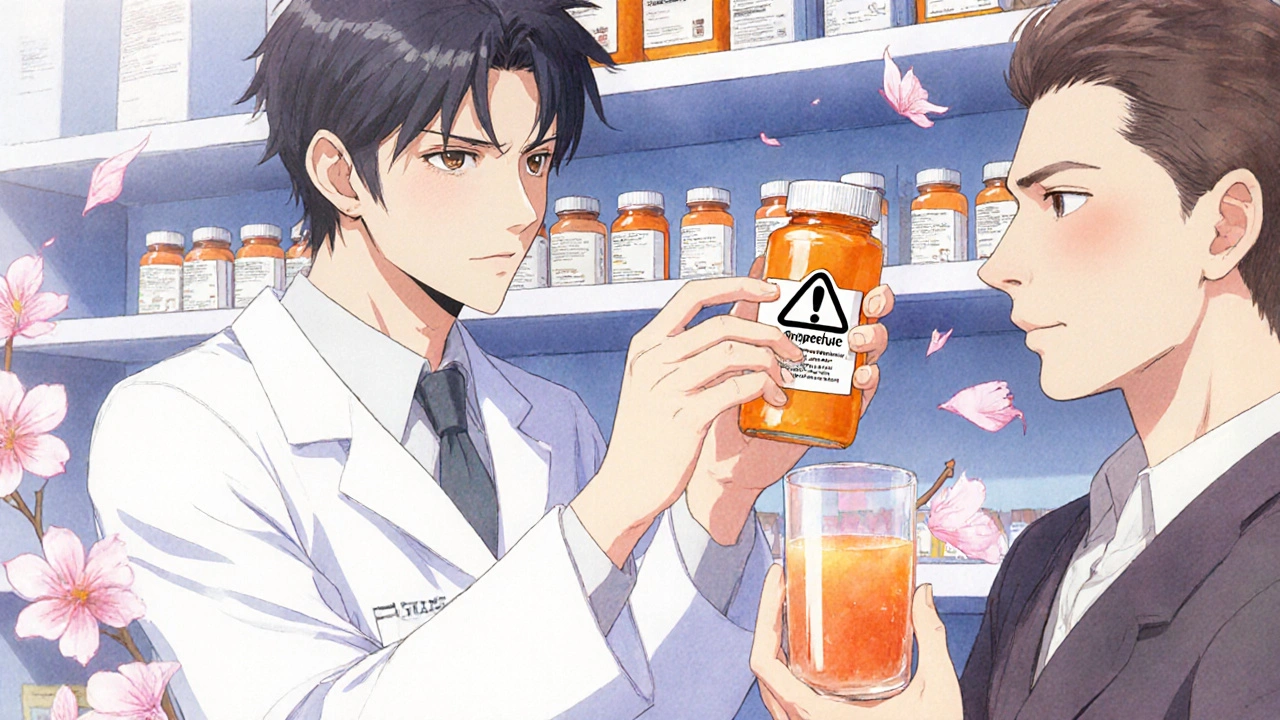 A pharmacist labels a prescription with a grapefruit warning while a patient watches closely.