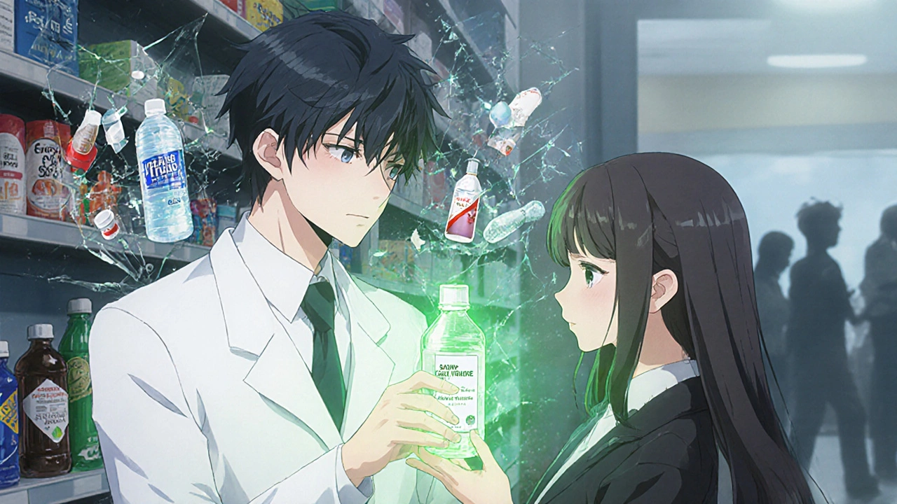 A pharmacist offering a safe saline rinse as dangerous pills shatter in the background, symbolizing safer alternatives.