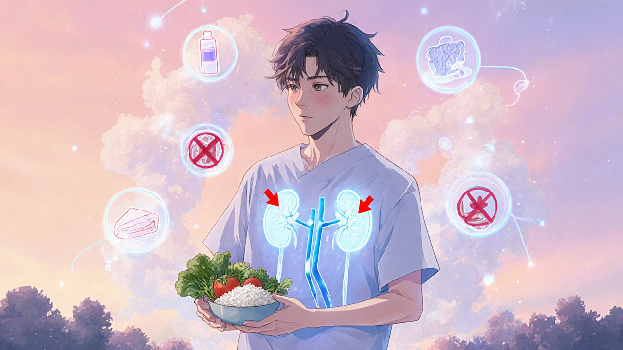 A stylized body illustration showing blocked sodium, potassium, and phosphorus molecules with a patient holding healthy foods.