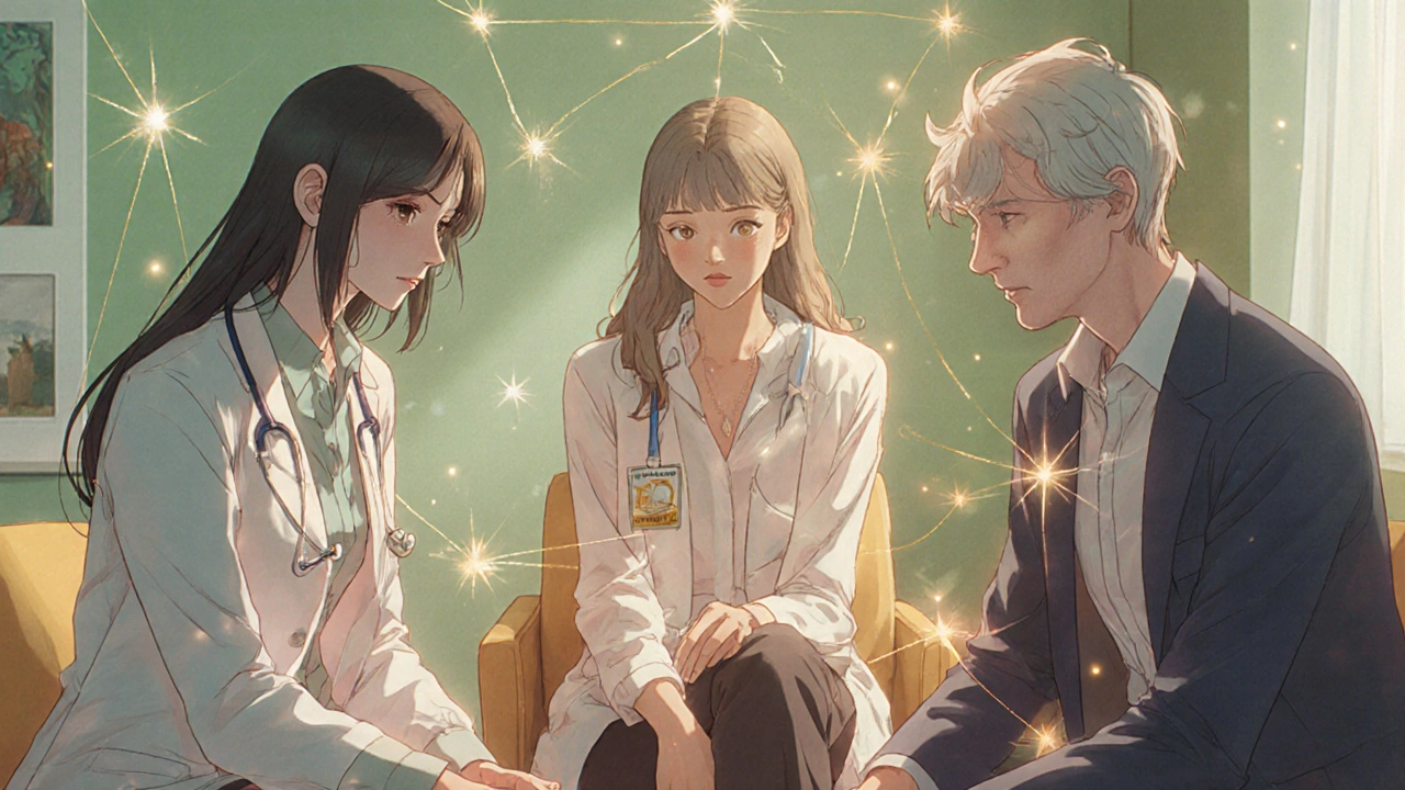 A therapy session with a supportive team connected by golden threads of integrated care.