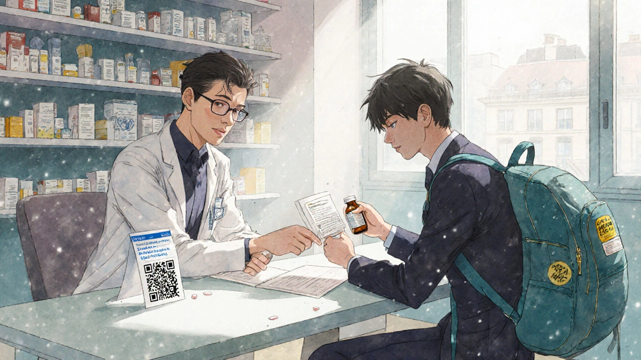 A traveler in a Paris clinic handing a doctor a prescription bottle and international medication form, sunlight streaming through windows.