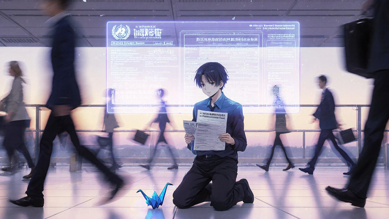 A traveler on an airport floor with a glowing WHO medication form above him, an origami crane beside him, soft dawn light surrounding the scene.