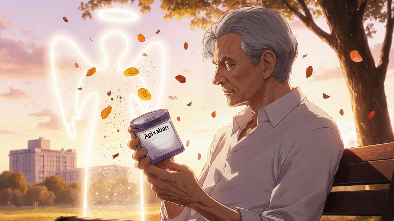 An elderly man at sunset with apixaban, protected by a light figure dissolving clot dangers.