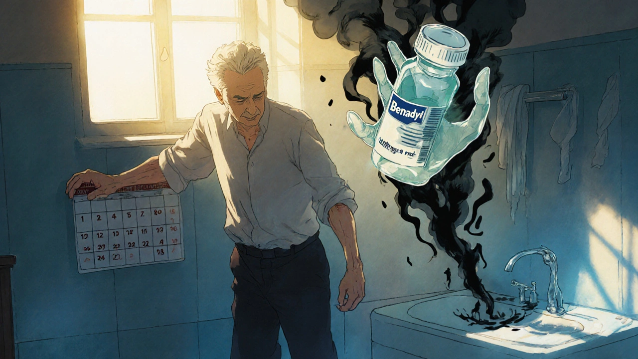 An elderly man on the bathroom floor, haunted by the side effects of antihistamines, with ghostly imagery of falls.