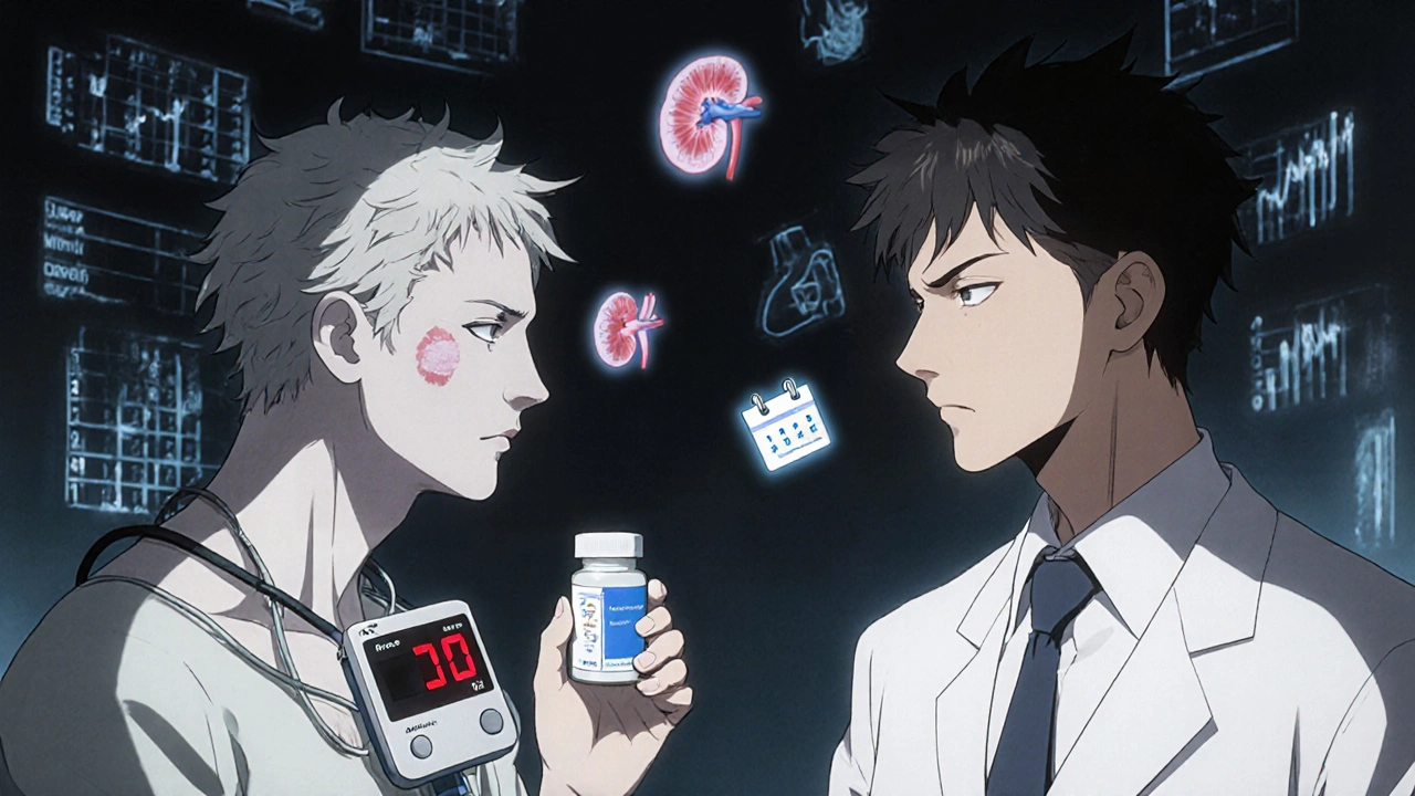 Contrasting figures representing warfarin burden and DOAC simplicity in a hospital setting.
