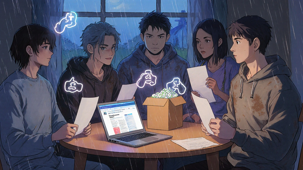 Diverse patients helping each other apply for free medication programs at home.