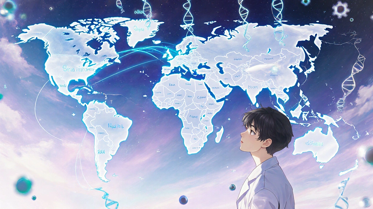 Global map with new drug stems falling from the sky as a scientist watches in awe.