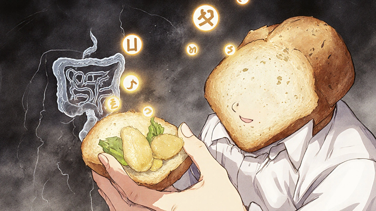 Hand holding gluten-free food beside a dark loaf, with glowing genetic markers and a damaged gut lining in background.