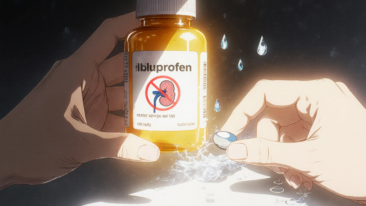 Hands replacing dangerous ibuprofen pill with safe acetaminophen, kidney icon cracked