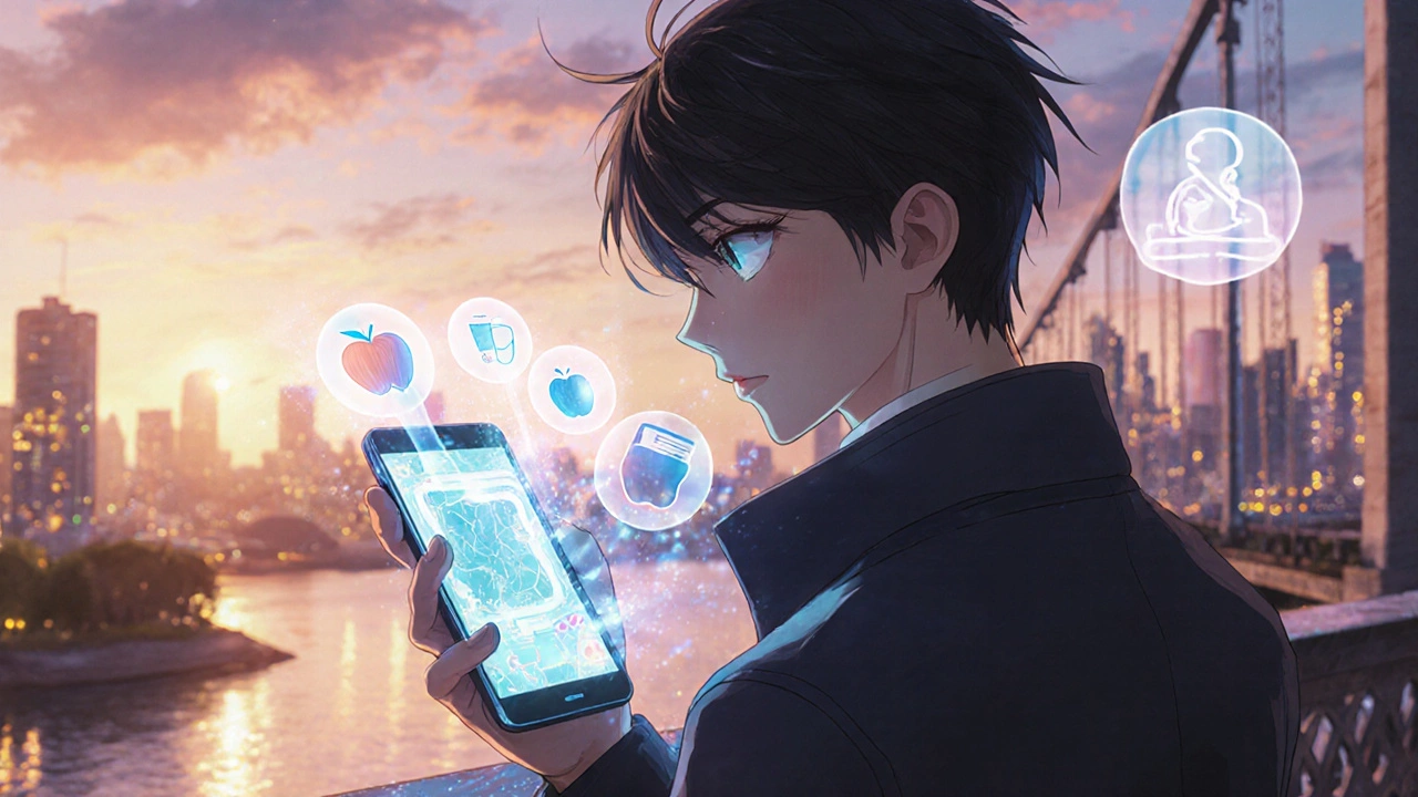 Person holding glowing gut microbiome map as food triggers dissolve into mist.