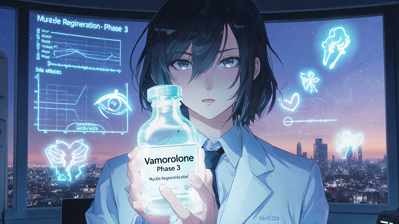 Scientist holding glowing vial of experimental drug Vamorolone in high-tech lab