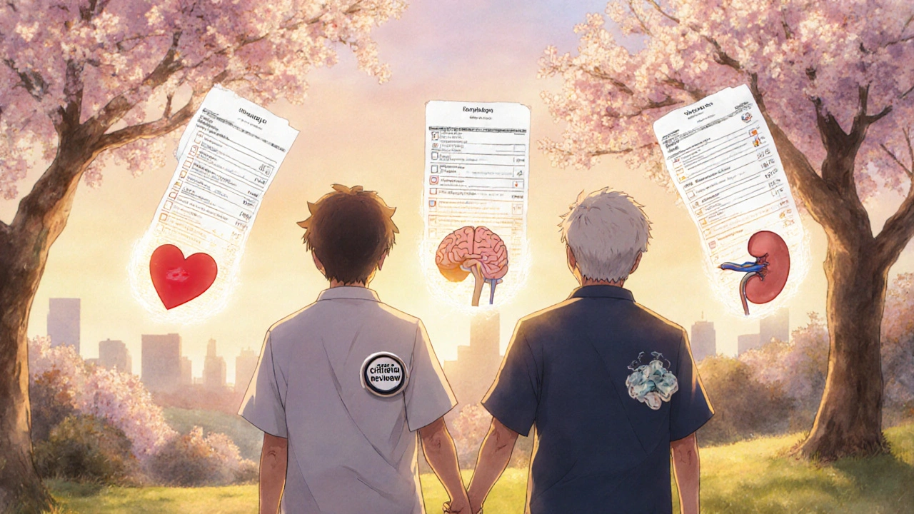 Senior couple walking in a park as their medication labels turn into cherry blossoms.
