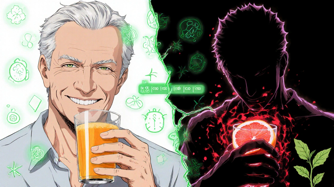 Split scene: safe orange juice vs. dangerous grapefruit juice with medical energy effects.