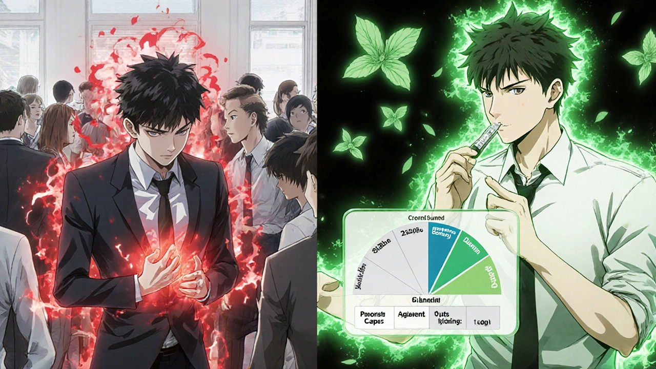Split scene showing stress-induced IBS flare-up and calming home remedy.