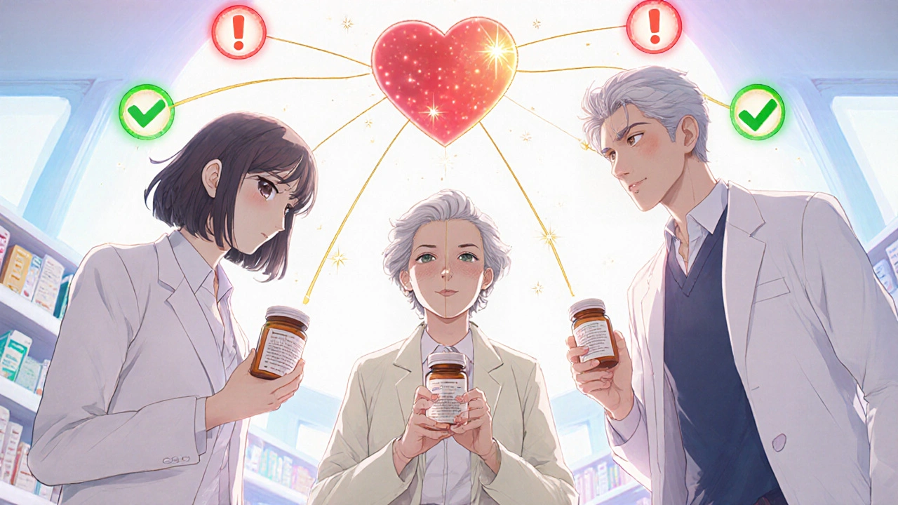 Three diverse people in a glowing pharmacy room as their medications transform from warnings to safe checkmarks.