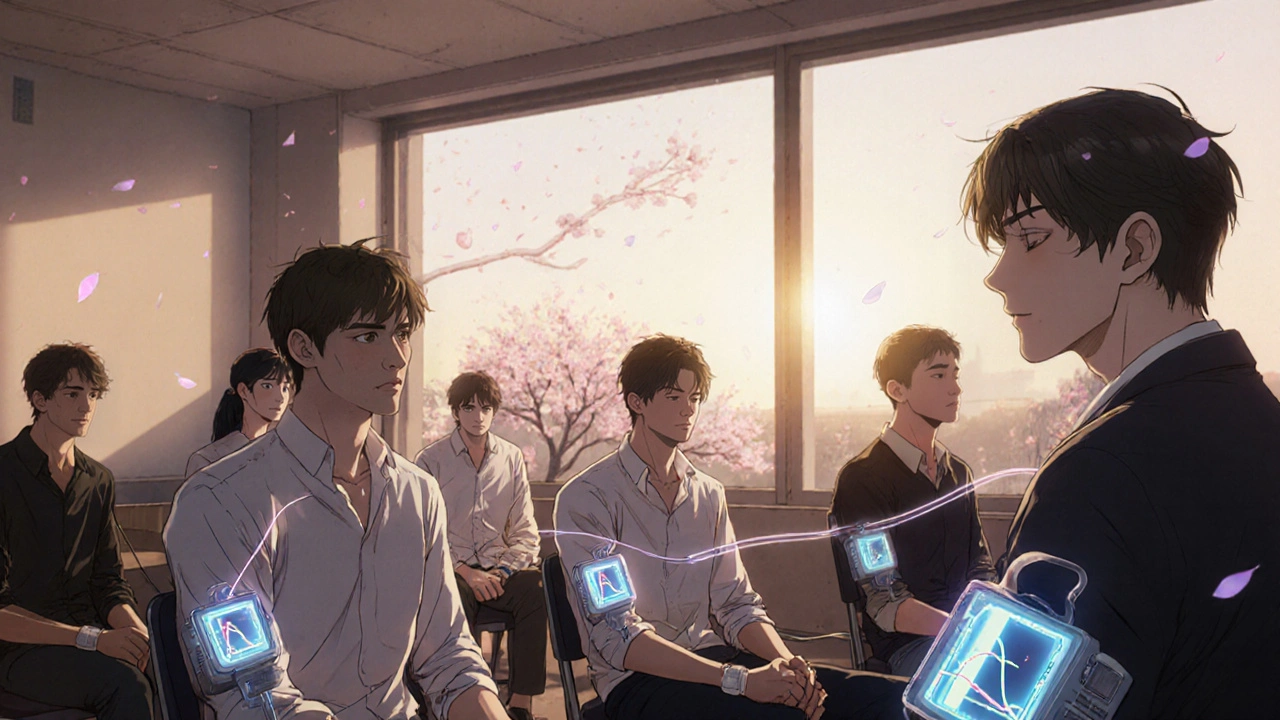 Twenty-four volunteers in a clinical room have glowing monitors showing drug levels in their bloodstreams.