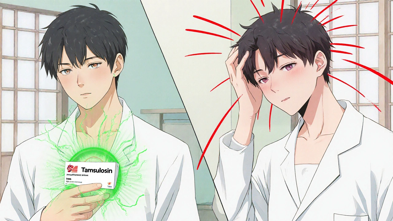 Two versions of the same man: one calm with tamsulosin, one dizzy with terazosin, shown in a split-panel scene.