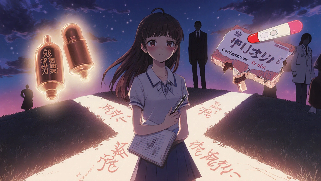 Woman at a crossroads choosing between safe contraception and risky birth control with carbamazepine.