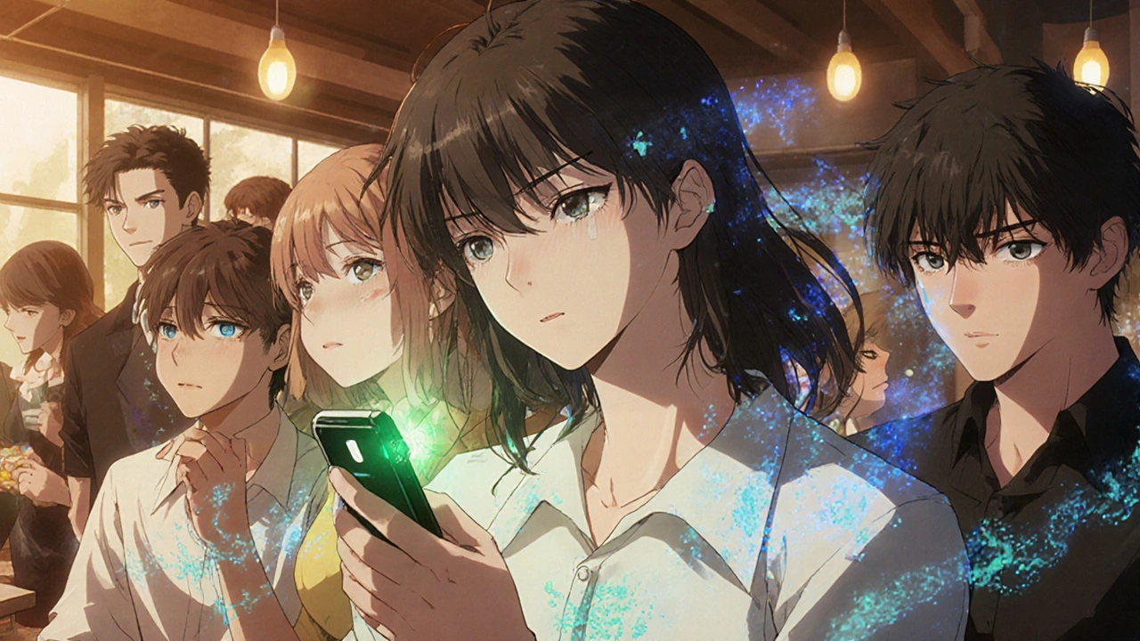 Young adults in a restaurant, one using a gluten detector, invisible gluten particles swirling around shared fryer.