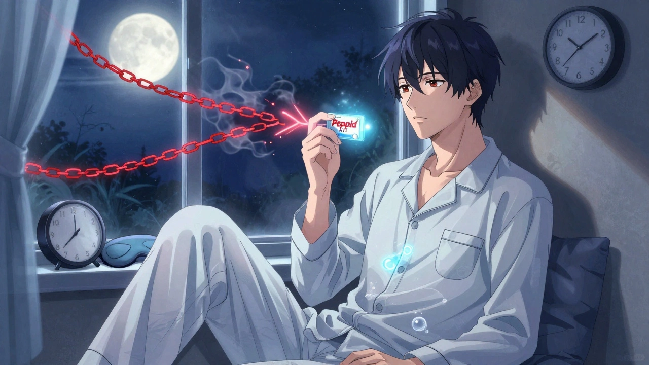 A calm young man at night takes Pepcid, with blue energy dissolving acid chains in his chest.