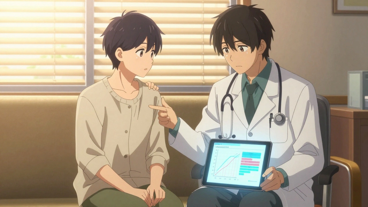 A doctor and patient sit together, reviewing drug data on a glowing tablet with warm lighting.