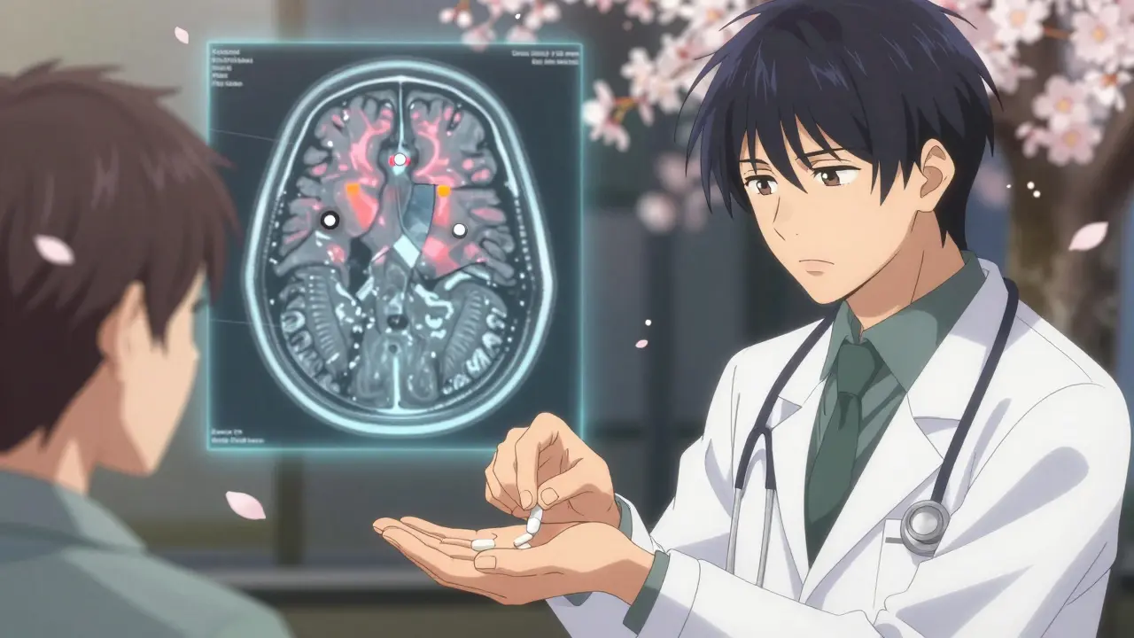 A doctor gives a patient a generic pill as a translucent brain scan shows heightened activity linked to expectation and healing.