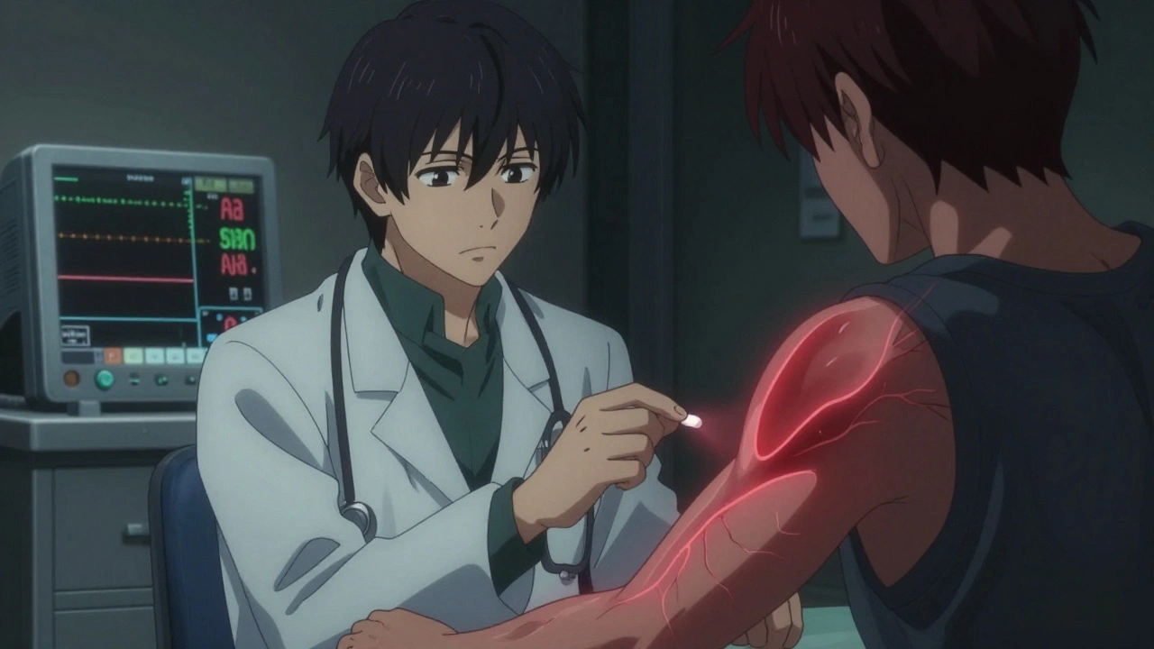 A doctor gives a patient a pill while a ghostly rash reappears on their arm during rechallenge.