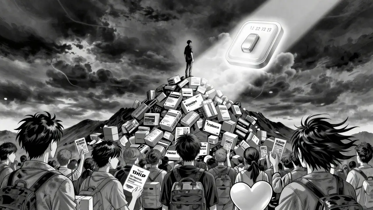 A figure stands atop discarded drugs as a glowing monthly plan switch shines in the stormy sky.