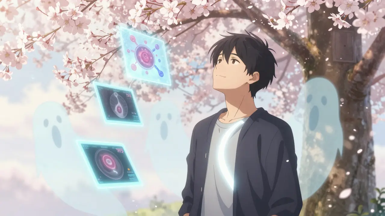 A man breathes peacefully under cherry blossoms as dysplasia ghosts fade and AI scans hover nearby.