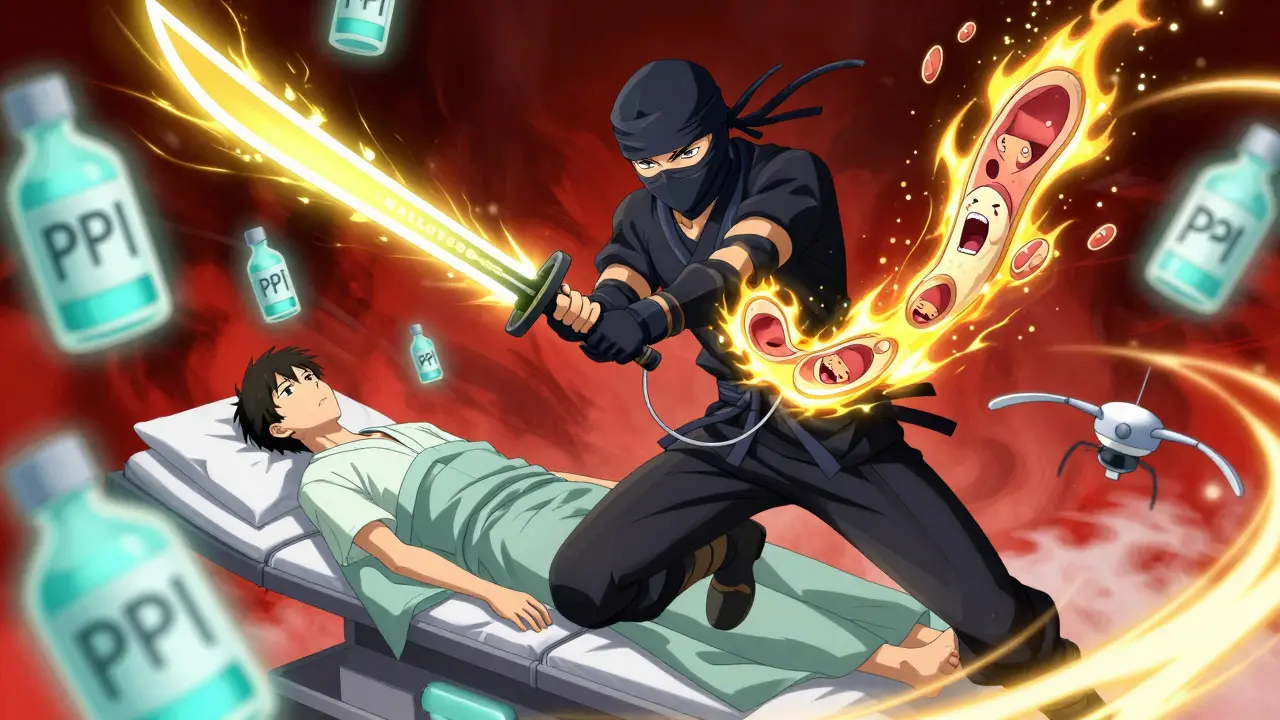 A medical ninja uses a glowing catheter to destroy abnormal esophageal tissue with golden heat.