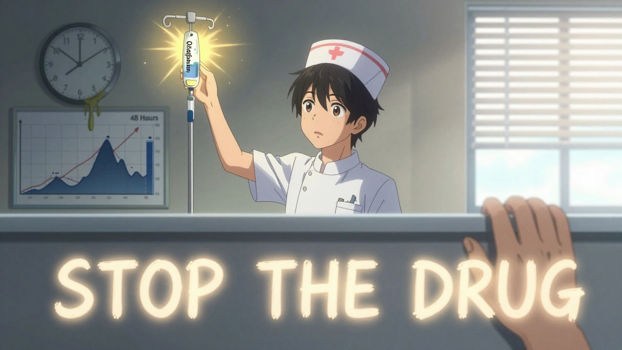 A nurse stopping an IV drip as light erupts, with a melting clock and rising platelet graph in the background.