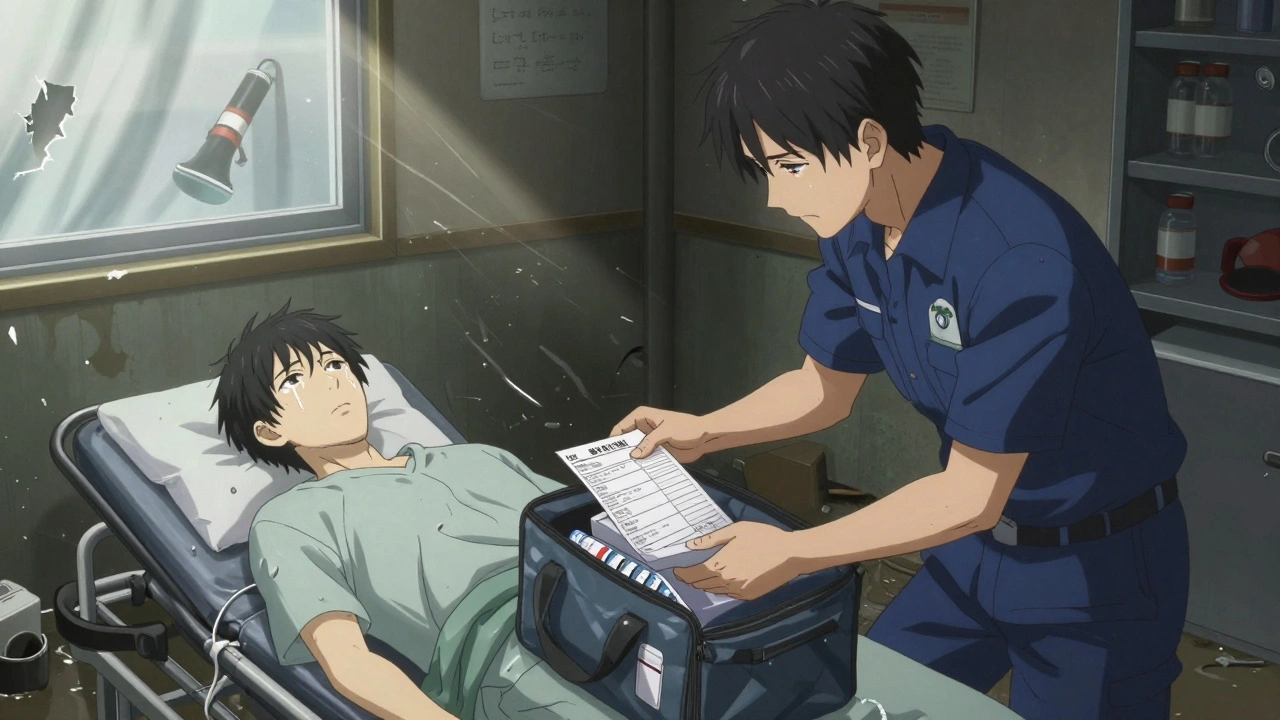 A paramedic opens a go-bag with medication labels while a patient lies on a stretcher in a flood zone.