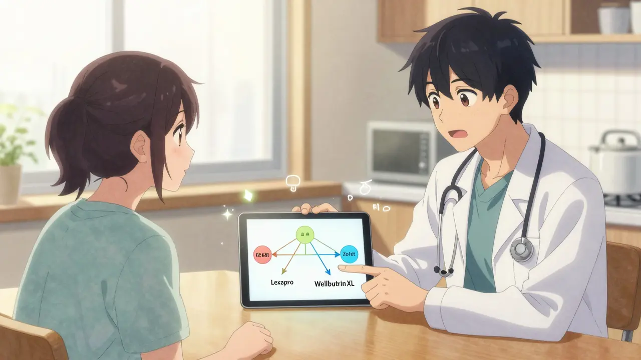 A patient and doctor review a step therapy pathway on a tablet, sunlight streaming through a window.