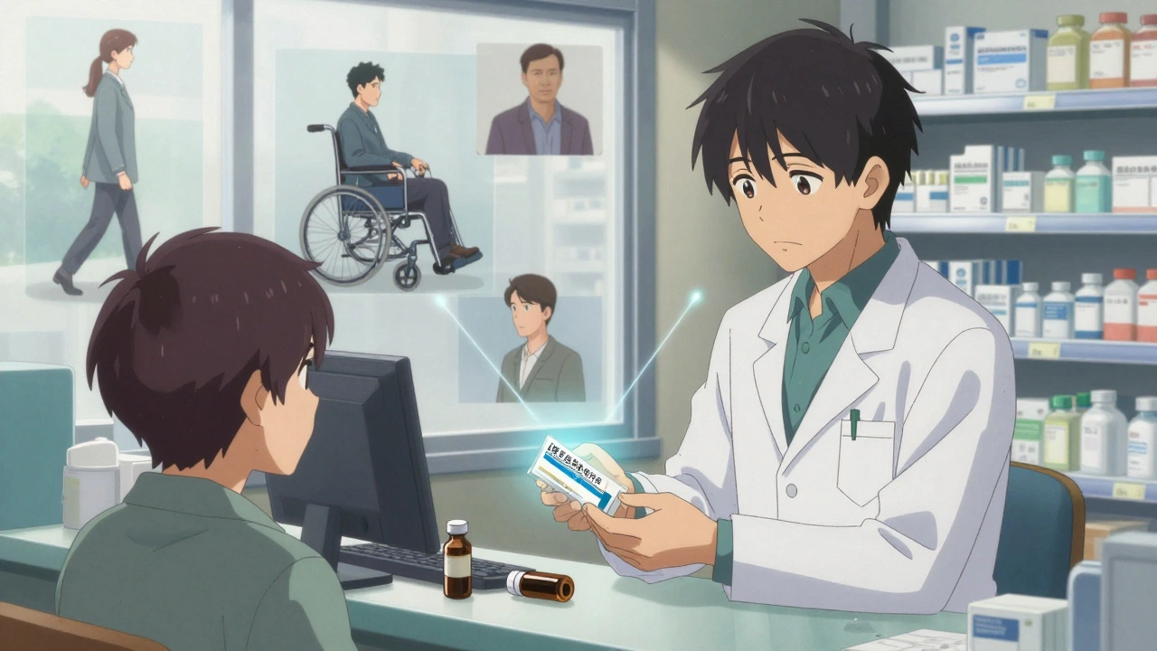 A patient receives a glowing branded drug at a pharmacy while a generic vial sits ignored on the shelf.