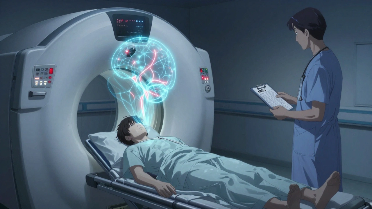 A patient undergoing MRI in an emergency room, glowing neural patterns revealing brain damage.