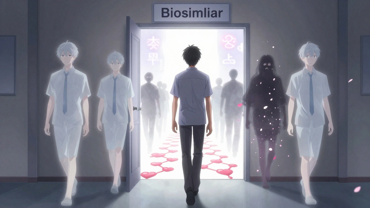 A person walks from 'Originator' to 'Biosimilar' through a glowing path, with floating hearts and molecules.