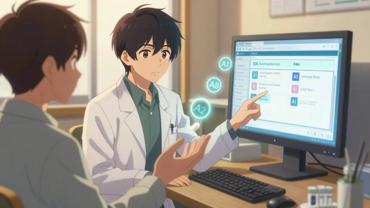 A pharmacist and patient viewing animated FDA therapeutic codes on a screen, a pill transforming between brand and generic.