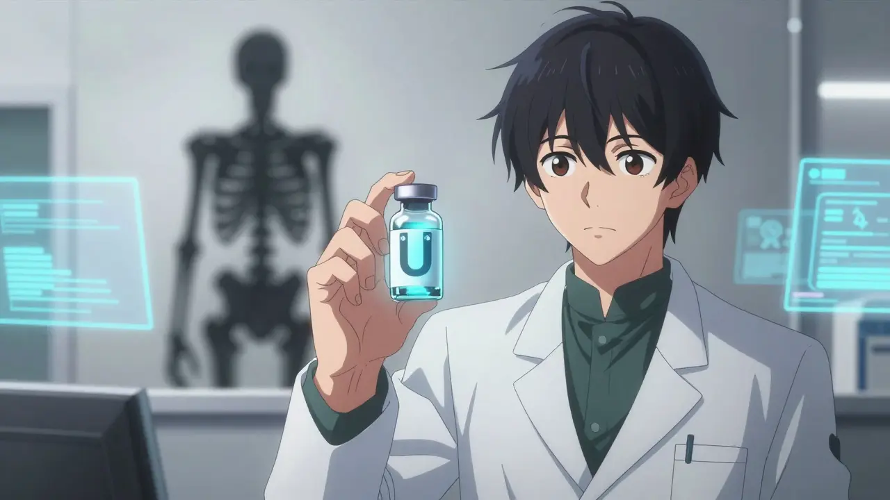 A pharmacist holds a vial labeled 'U' that reflects dangerous numbers and letters.