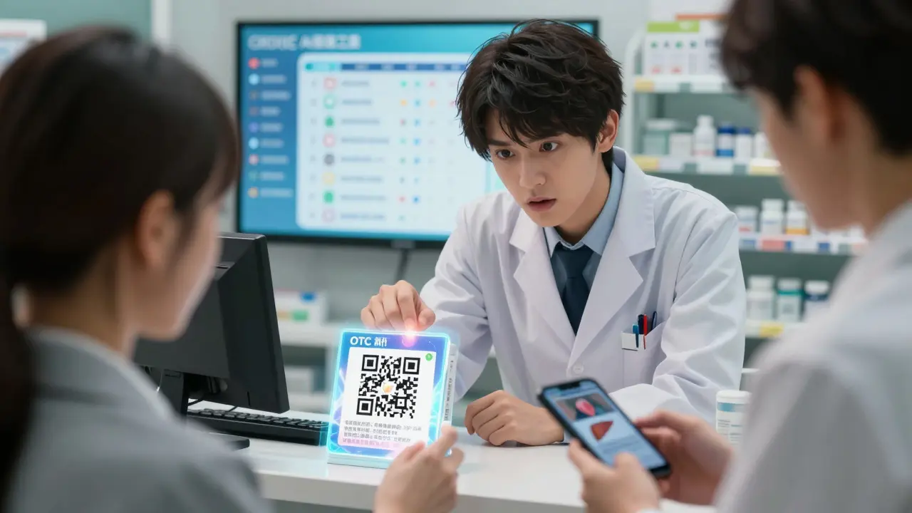 A pharmacist showing a QR code on an OTC box, with a holographic safety video appearing above it.