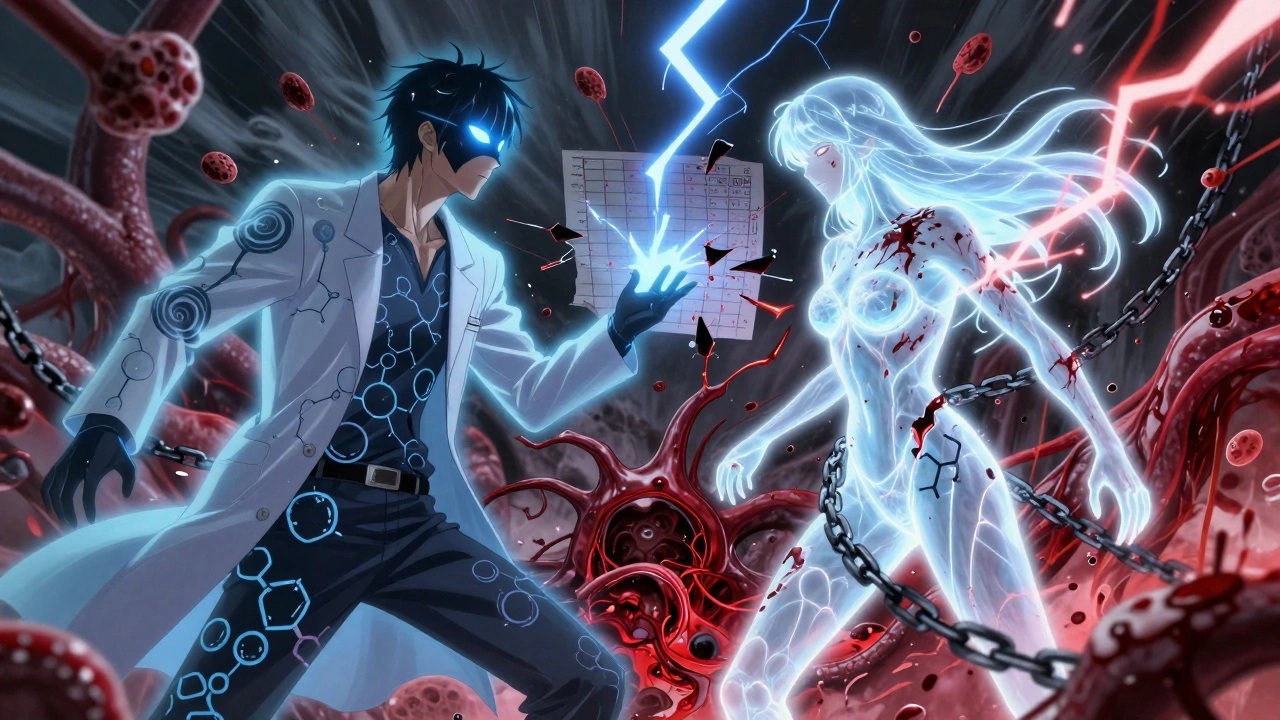 A symbolic battle between a drug entity and the body&#039;s coagulation system, with clots and bleeding in the background.