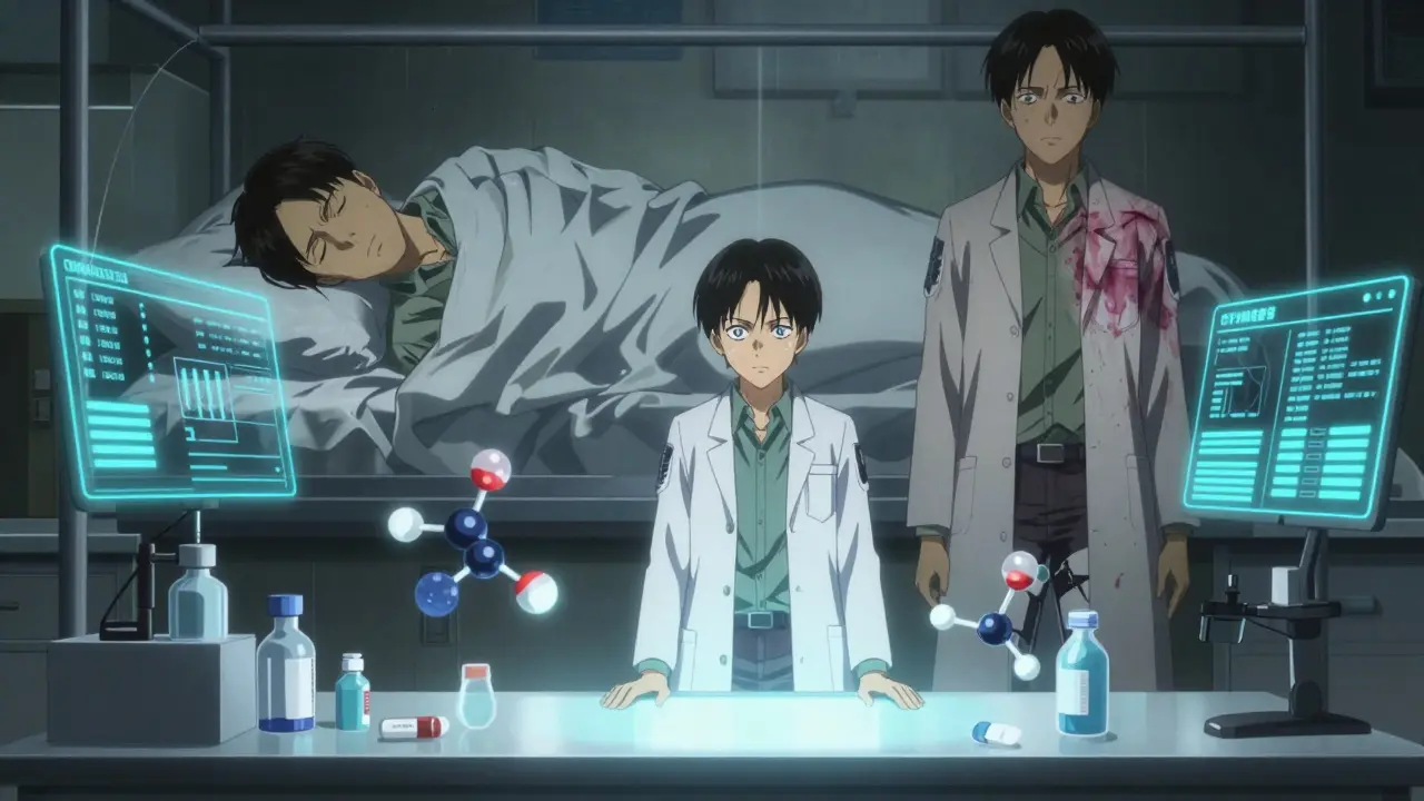 A teenager in a lab coat stands beside glowing molecular models of antihistamines and omalizumab, hives dissolving behind him.