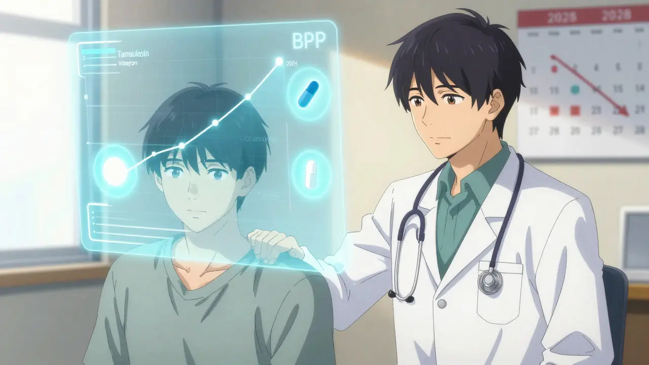 A urologist comforts a patient as safer medication options glow beside them in anime style.