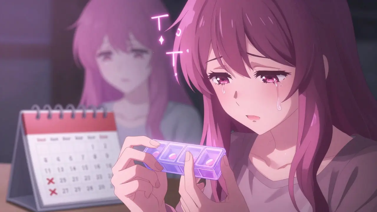 A woman holding an empty pill organizer, tearful, with ghostly images of her past self and glowing hormone symbols around her.