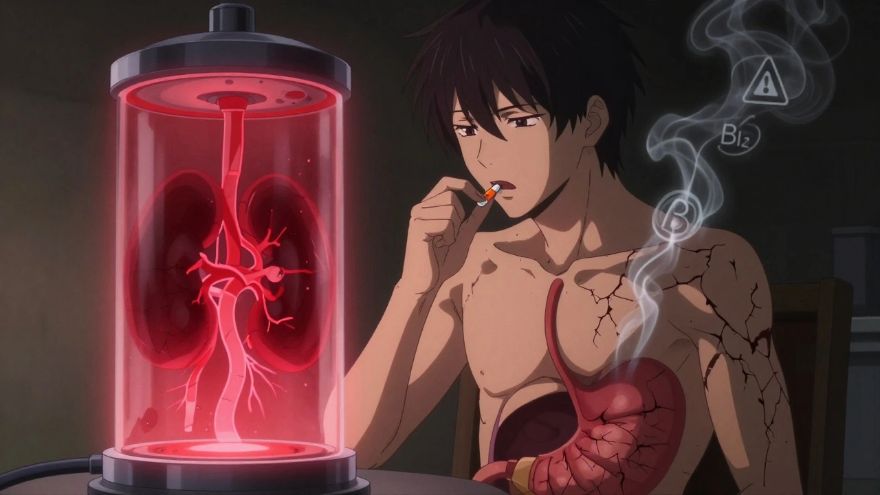 A young man swallows Prilosec as a glowing pump shuts down, with cracks symbolizing health risks.