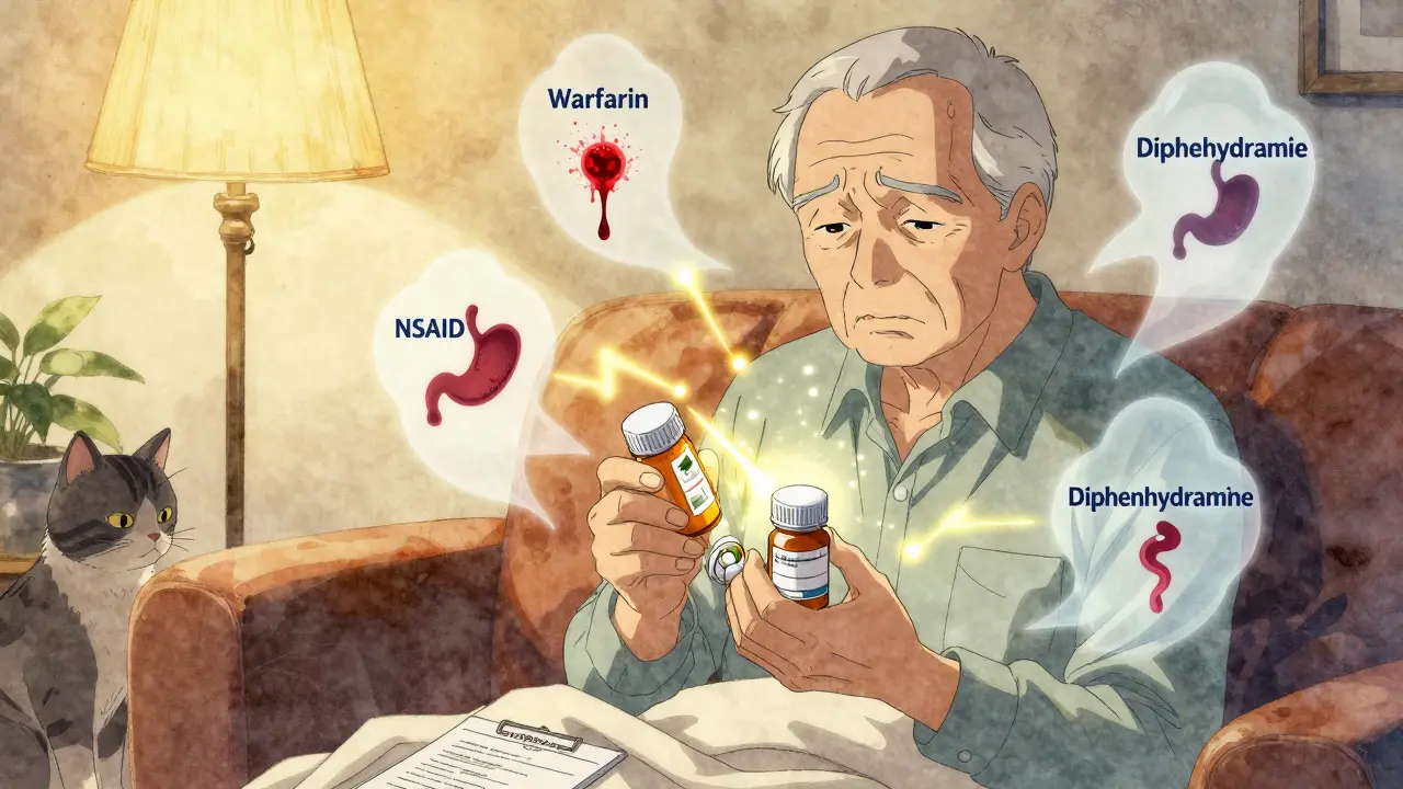 An elderly man surrounded by multiple OTC meds, ghostly health risk icons glowing around him.