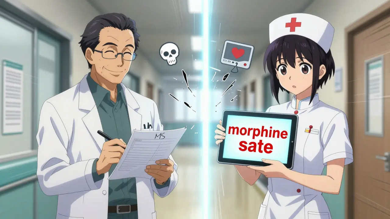 An older doctor writes 'MS' while a young nurse displays the correct term, separated by a glowing barrier.