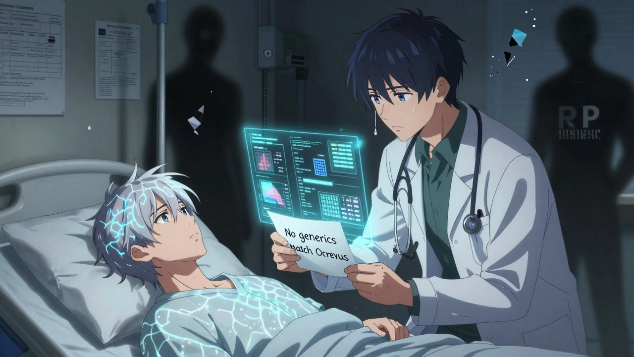 An oncologist kneels beside a patient, tear falling as medical data glows and insurance forms crumble behind them.