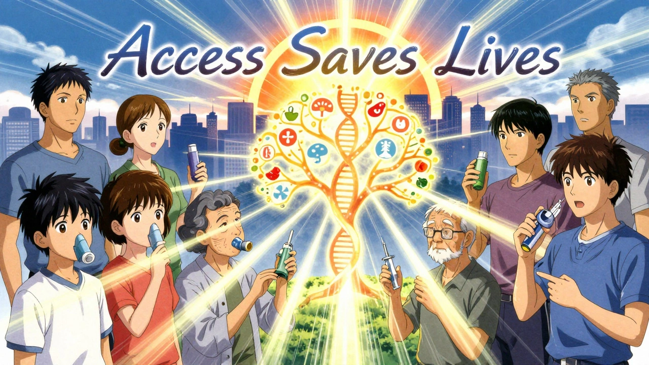 Diverse patients holding generic combination devices connected by light to a medical DNA tree under a rising sun.