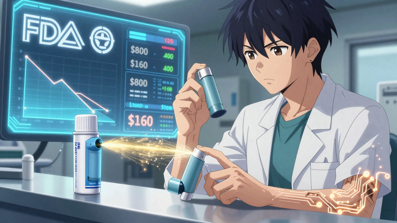 Generic and brand antibiotic inhalers side by side with price drop visualization and scientist analyzing data.